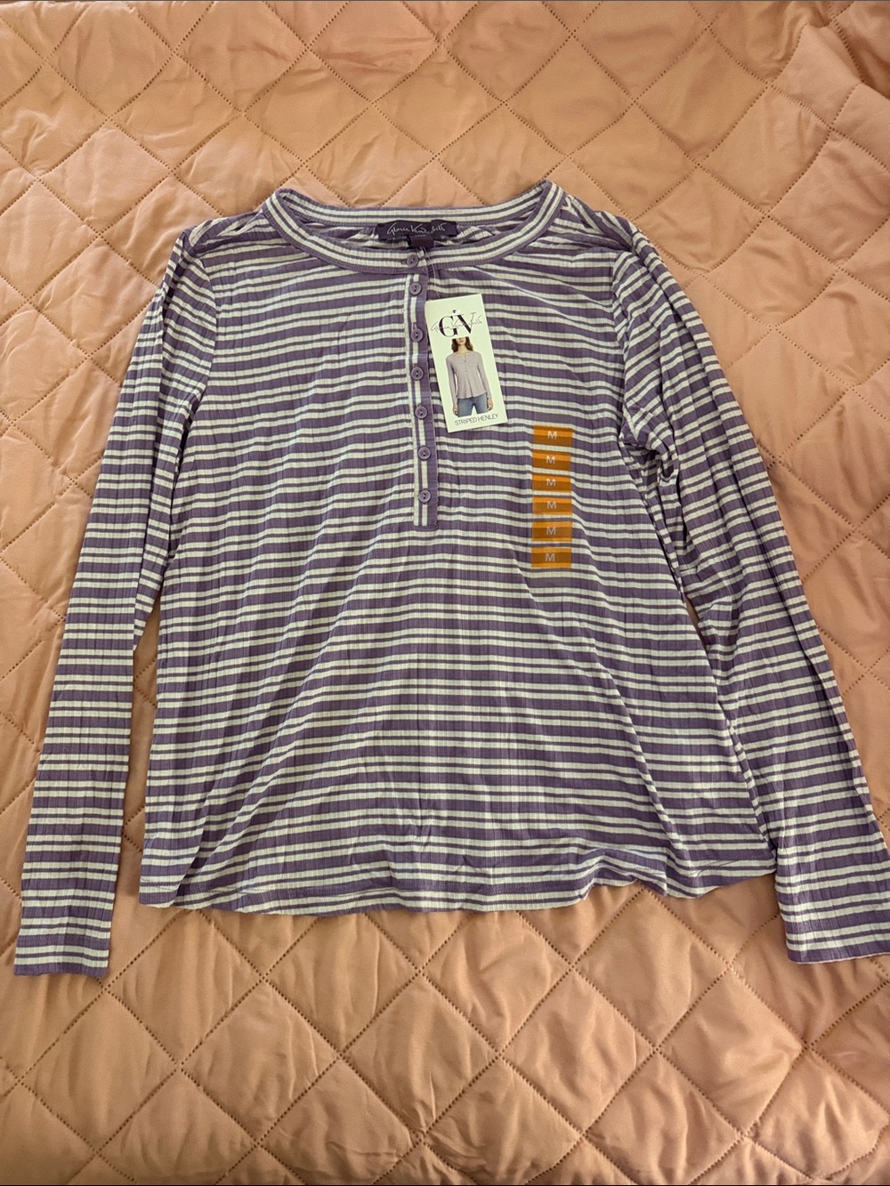 Striped Henley Long Sleeve Top - Lavender & White